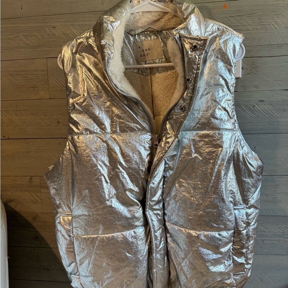 A New Day Shiny Silver Puffer Vest - Picture 2 of 6